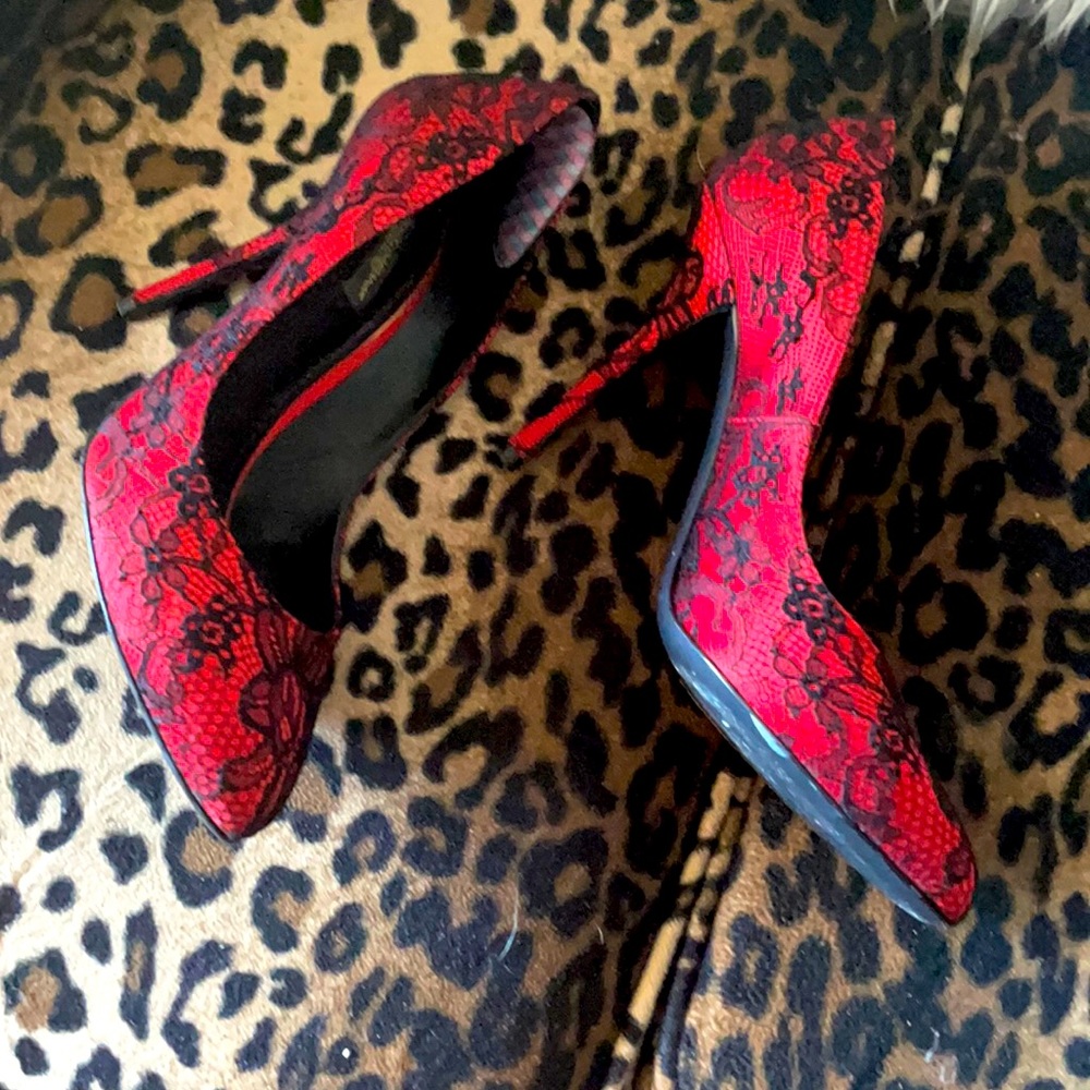 Couture Dolce & Gabbana Red Silk with Black Lace shoes in box